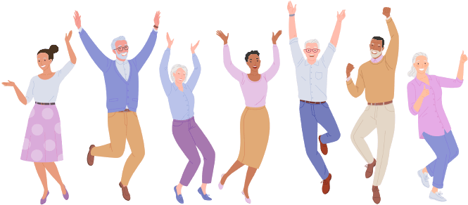 Group of elderly men and women in light casual clothes, jumping for joy