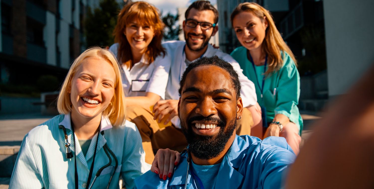 Close,Up,Of,Diverse,Medicine,Students,In,Uniform,Taking,Selfie