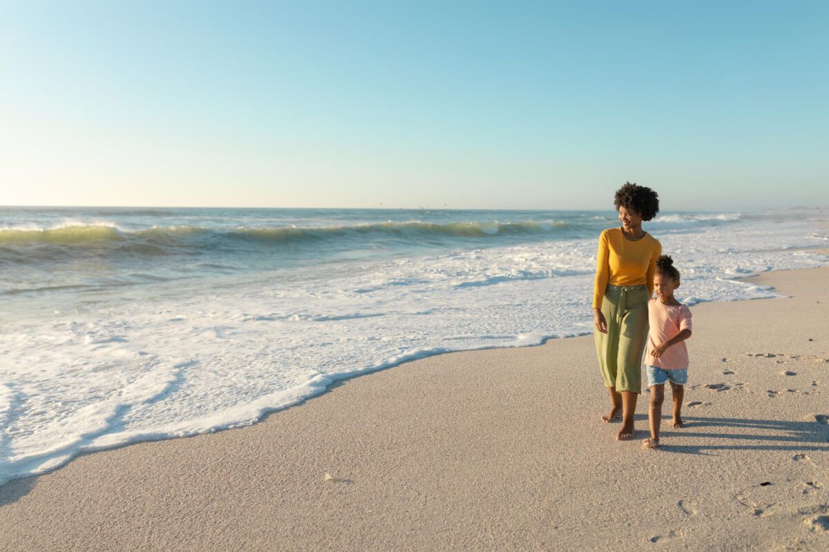 Full length of african american mother and daughter walking on shore at beach with copy space
