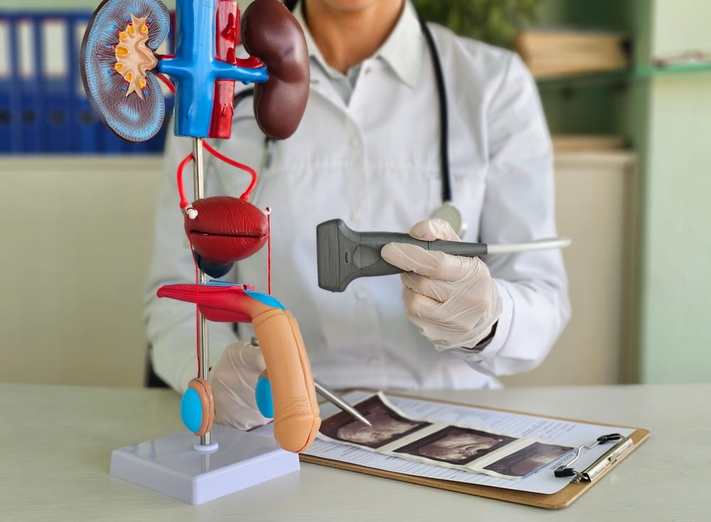 Ultrasound of male genital organs and doctor examines result. Ultrasound of penis indications of cause and diagnosis