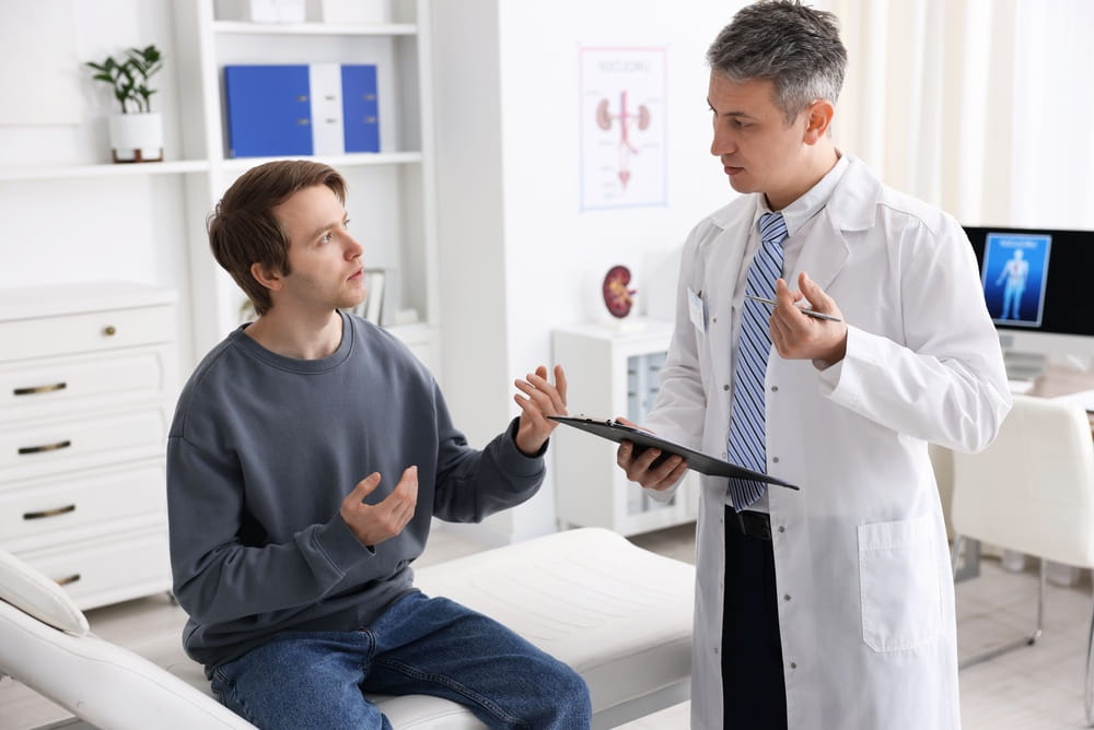 Urologist with clipboard consulting patient in clinic