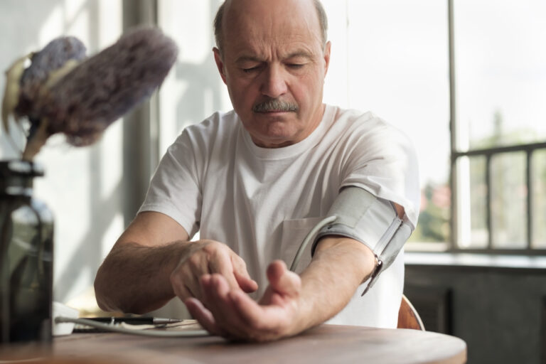Senior man using a home blood pressure machine to check his health sitting at living room