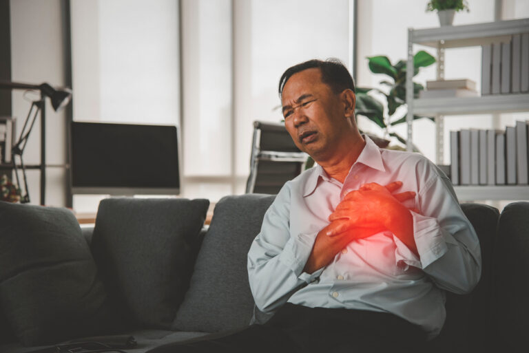 Sick senior Severe ischemic heart disease in the home during the virus outbreak. health care concept