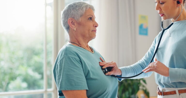 Stethoscope, assessment and woman with doctor in office for healthcare, checkup and heartbeat