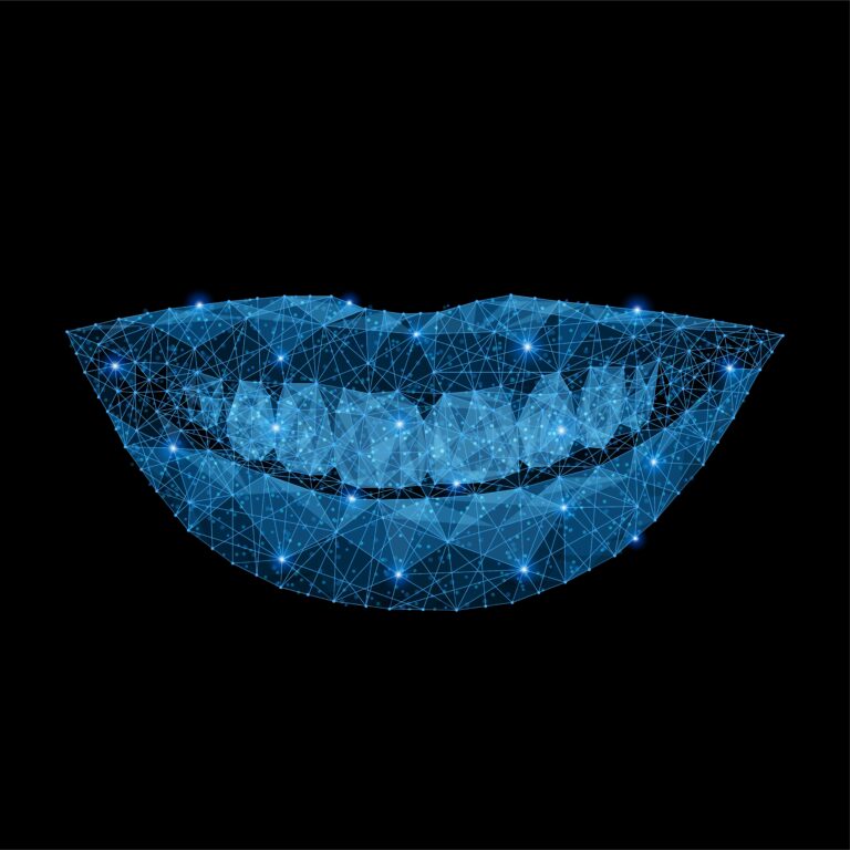 Abstract polygonal light smiling mouth with white teeth. Business wireframe mesh spheres from flying debris. Dental care concept. Blue structure style raster illustration.