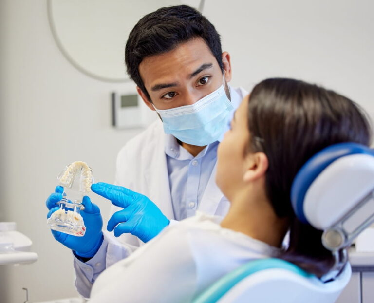 Dentist, patient and explain with teeth occlusion for dental surgery, treatment and oral care