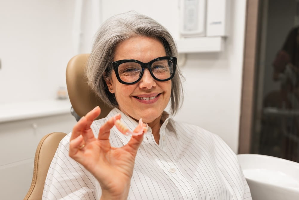 Smiling senior woman receiving dental care, holding partial dentures for tooth replacement and improved oral health