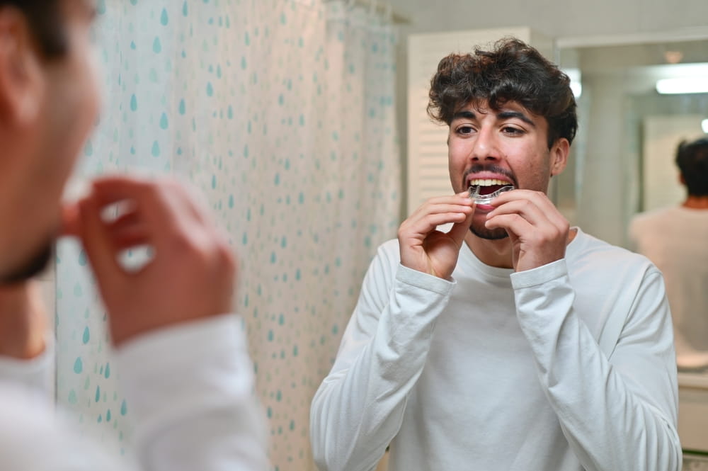 A man looking at the mirror with dental aligner retainer, dental clinic for beautiful teeth, treatment course.