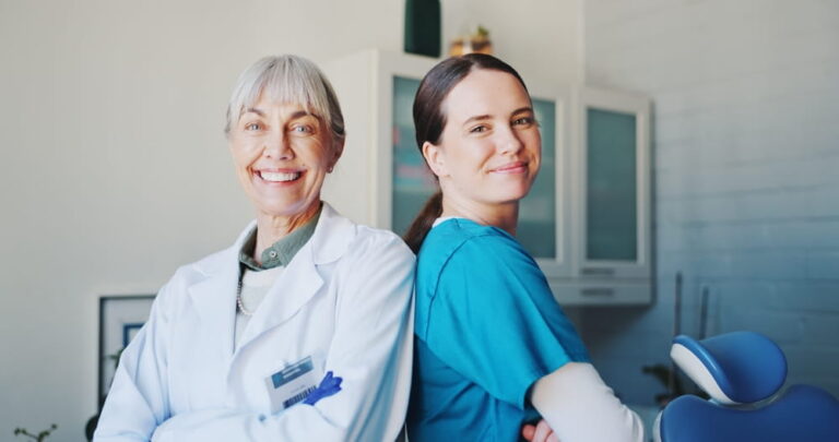 Dentist team, oral health or women with portrait, arms crossed or support with medical service.